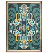 Modern abstract rug in teal and gold tones, machine washable design.